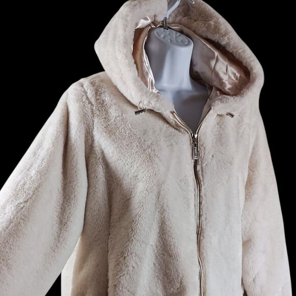 JouJou Women's M Cream Faux Fur Zip Hoodie Jacket Satin Lined Cozy Winter Coat - Picture 3 of 10